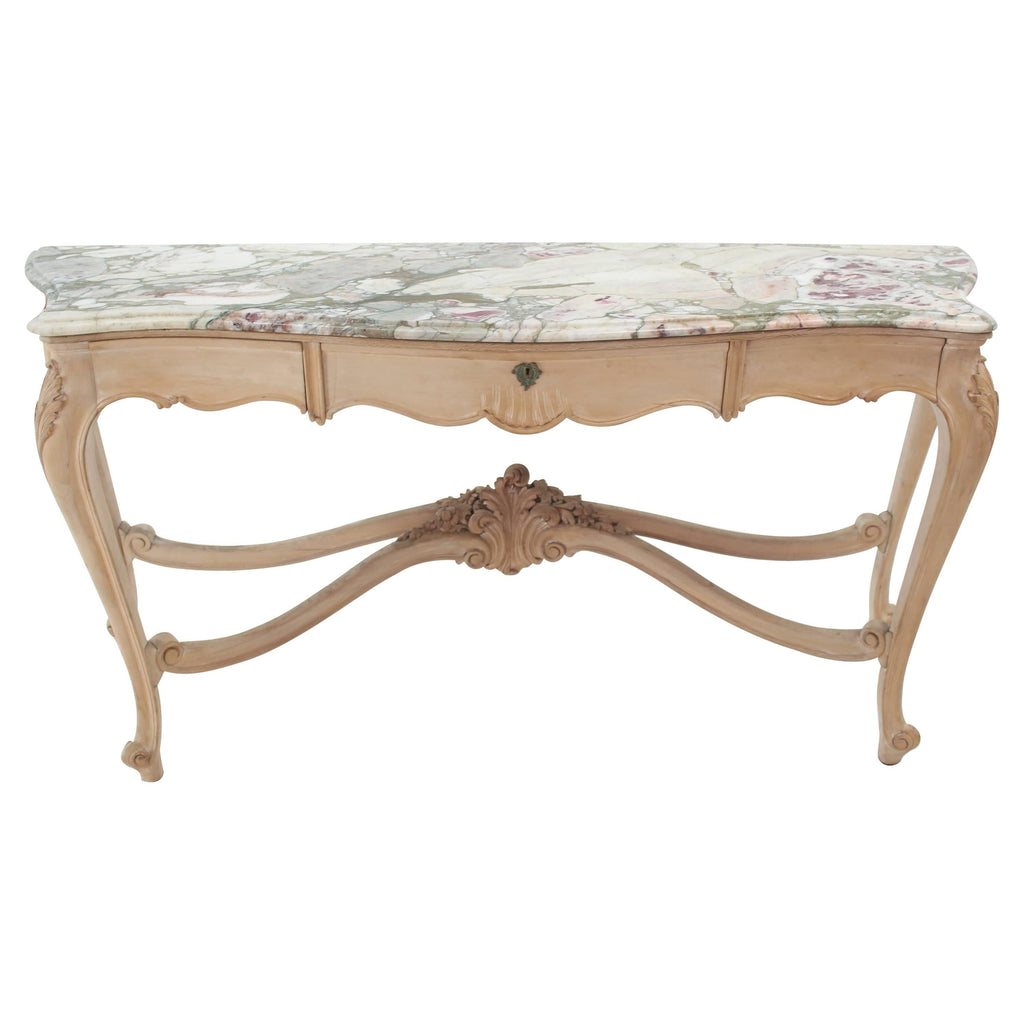 Tall Bleached White Wash Painted Walnut Marble-Top French Sideboard Console