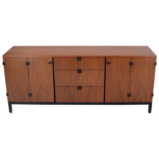 American Walnut 9 Drawers Two Doors Compartment Long Dresser Credenza Restored