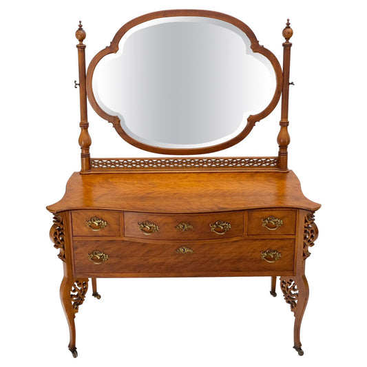 Antique Carved 4 Drawers Dresser w/ Large Beveled Swivel Clove Shape Mirror