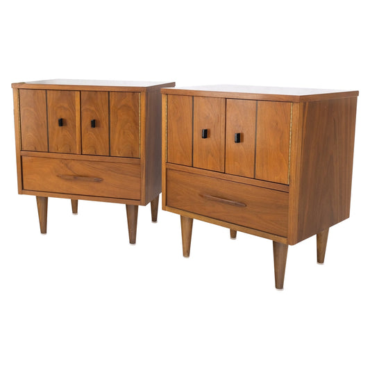 Light Walnut Double Door Compartment One Drawer Cone Tapered Legs End Tables