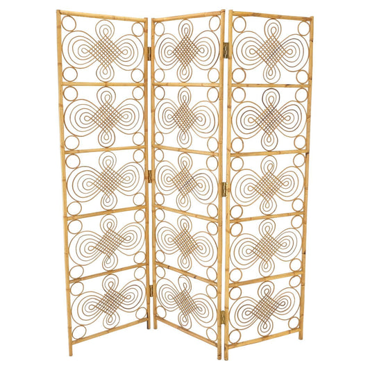 Mid Century Stunning Pattern Three Panel Bamboo Rattan Room Divider Screen Mint
