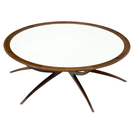 Mid-Century Modern Around Walnut Spider Base Coffee Table White Milk Glass Top
