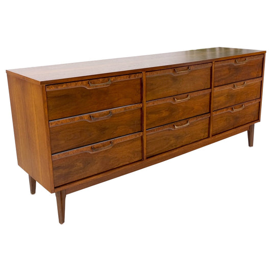 American Walnut Burl Mid-Century Modern 9 Drawers Dresser Credenza Cabinet MINT!