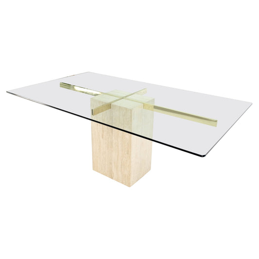 Italian Single Travertine Pedestal Glass Top Dining Conference  Table