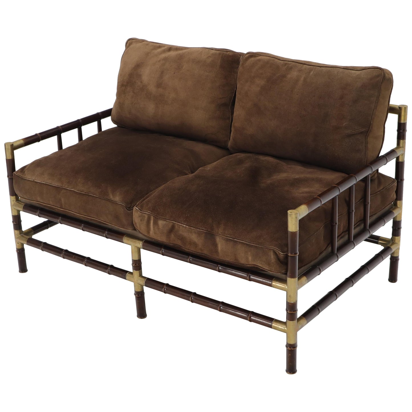 Brown Suede Upholstery Faux Bamboo Italian Mid-Century Modern Settee Loveseat