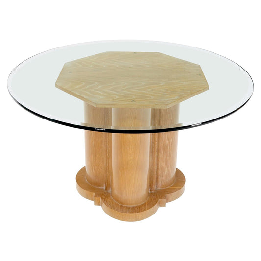 Cerused Oak Triple Cylinder Base Round Glass Top Dining Conference Table