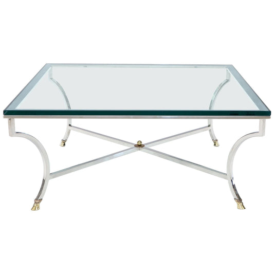 Square Chrome and Brass Hoof Feet Base Coffee Table Thick Glass Top