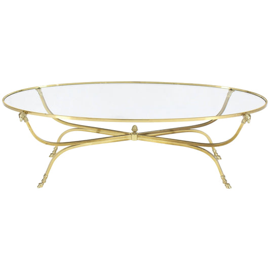 Large Oval Polished Brass Glass Top Coffee Table on Hoof Foot