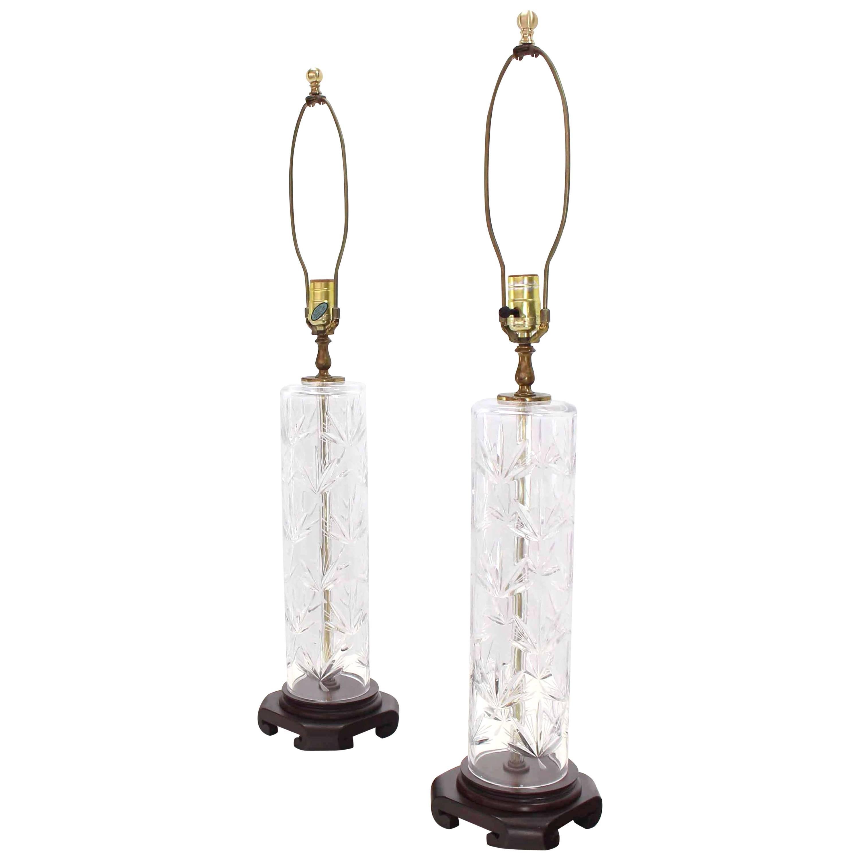 Pair of Tall Cut Crystal Cylinder Table Lamps