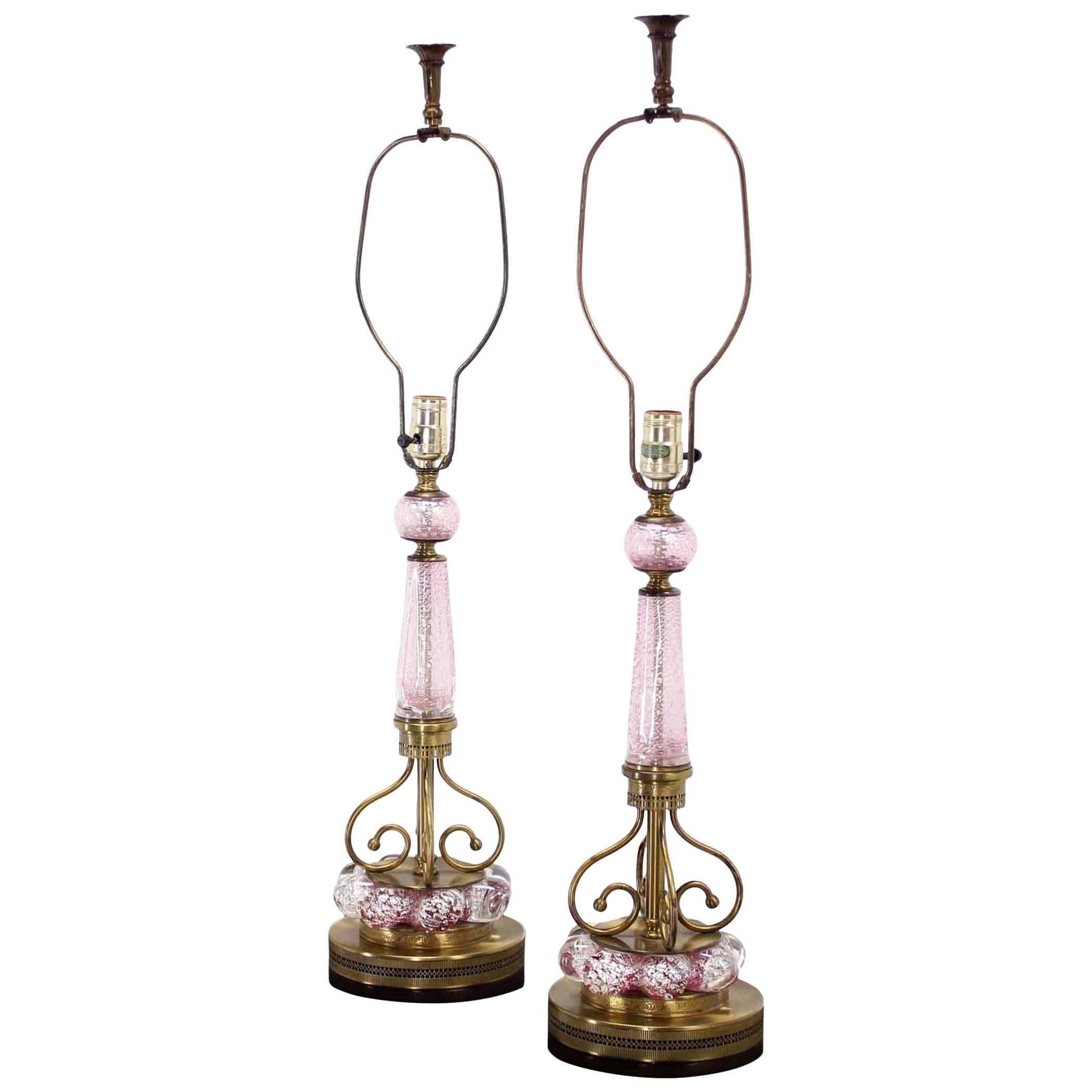 Pair of Pink Murano Glass and Brass Table Lamps