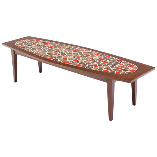 Oval Mossaic Tile Top Rectangular Boat Shape Walnut Long Coffee Table.