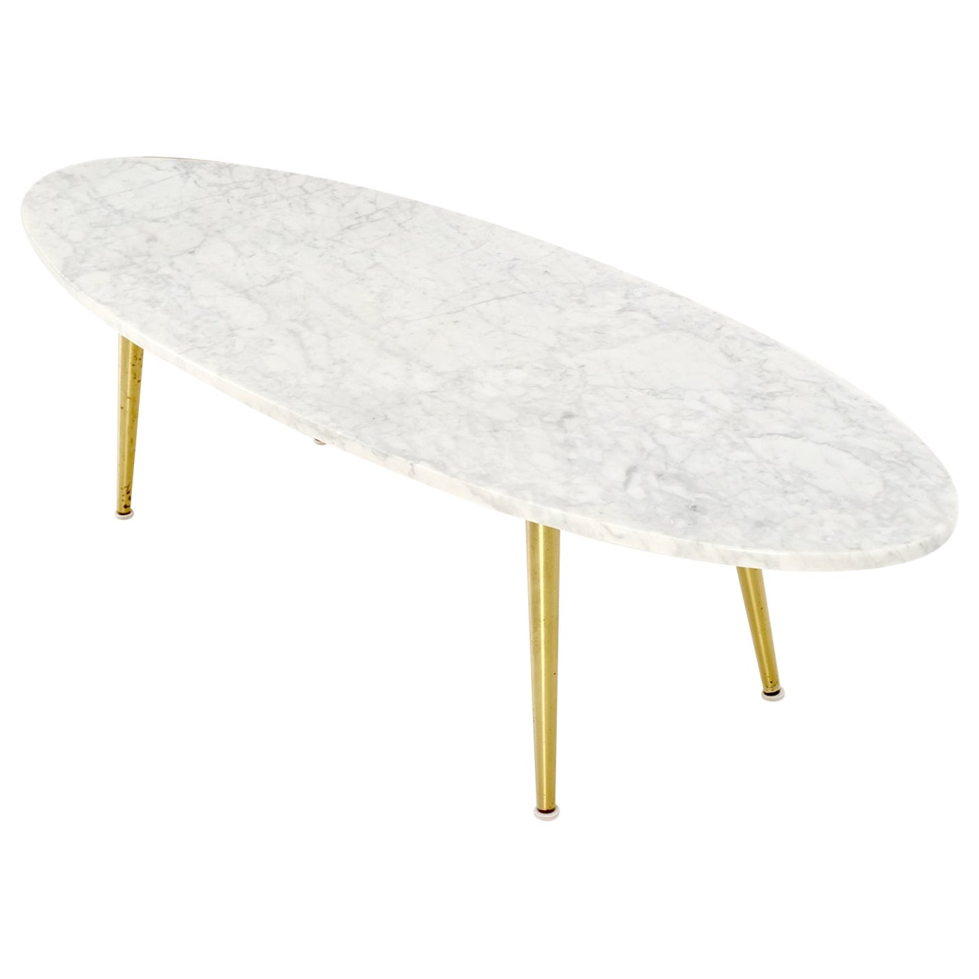 White Oval Carrara Marble Top Italian Mid-Century Modern Coffee Table Brass Legs