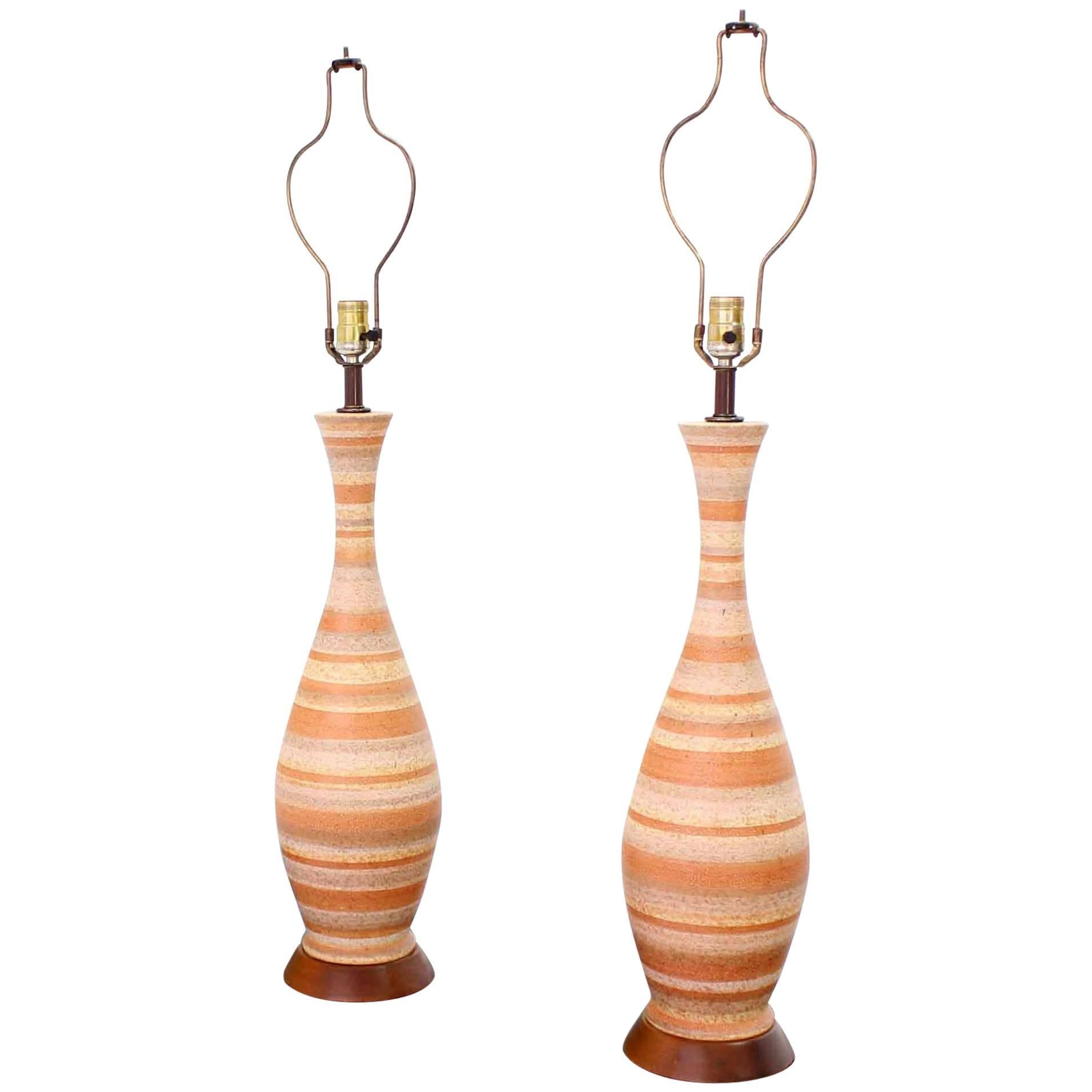 Pair of Vase Shape Art Pottery Table Lamps Turned Walnut Bases