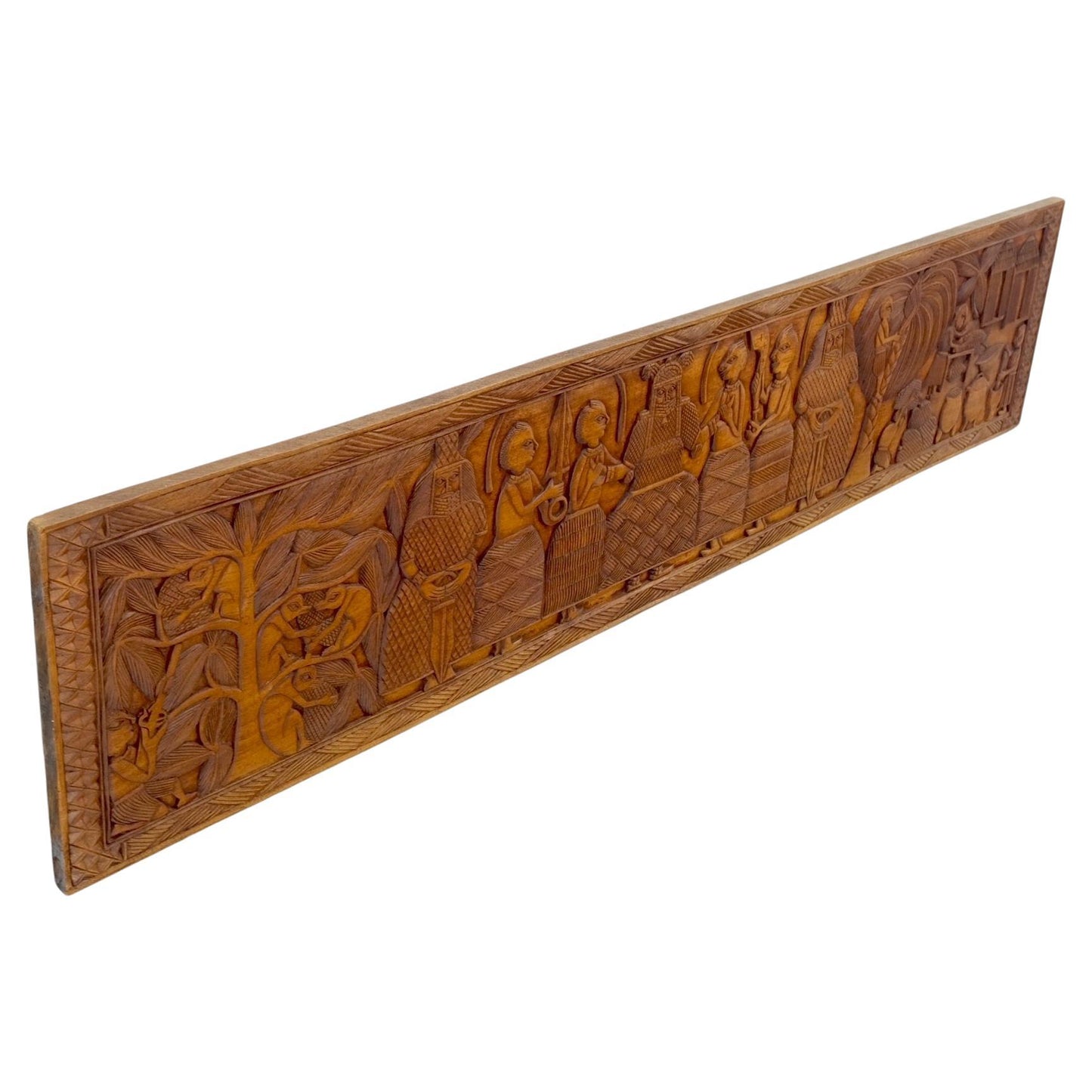 Carved Solid Teak Long Rectangle Wall Plaque Relief Sculpture Depicting Villager