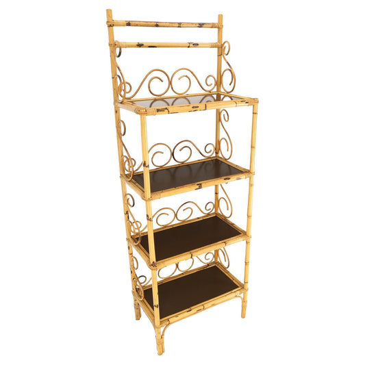 Rattan Burned Bamboo Decorative Scrolls 4 Tier Shelf Bookcase Etagere 1970s Mint