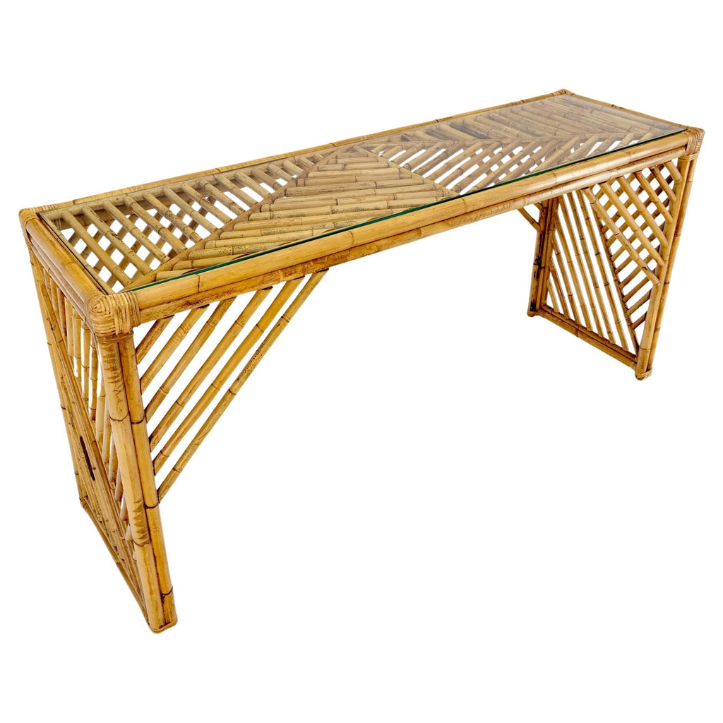 Rattan Bamboo Glass Top Console Sofa Table