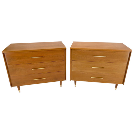 Pair John Stuart Refinished 3 Drawer Bachelor Chests Dressers W/ Long Brass Pull