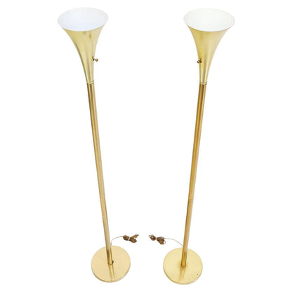 Pair of Mid Century Modern Brass Trumpet Shape Floor Lamps Torcheres