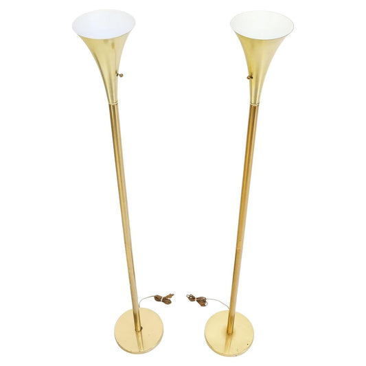 Pair of Mid Century Modern Brass Trumpet Shape Floor Lamps Torcheres