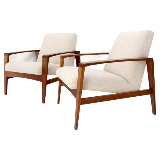 Pair Restored New Oatmeal Upholstery Teak Mid-Century Modern Lounge Arm Chairs