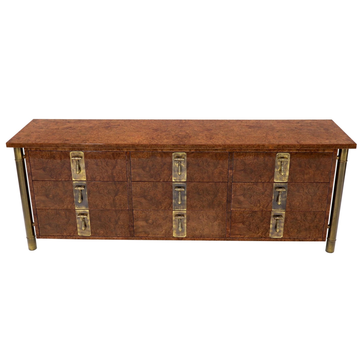 Mastercraft Burl Wood and Brass Hardware Long 9 Drawers Credenza Dresser
