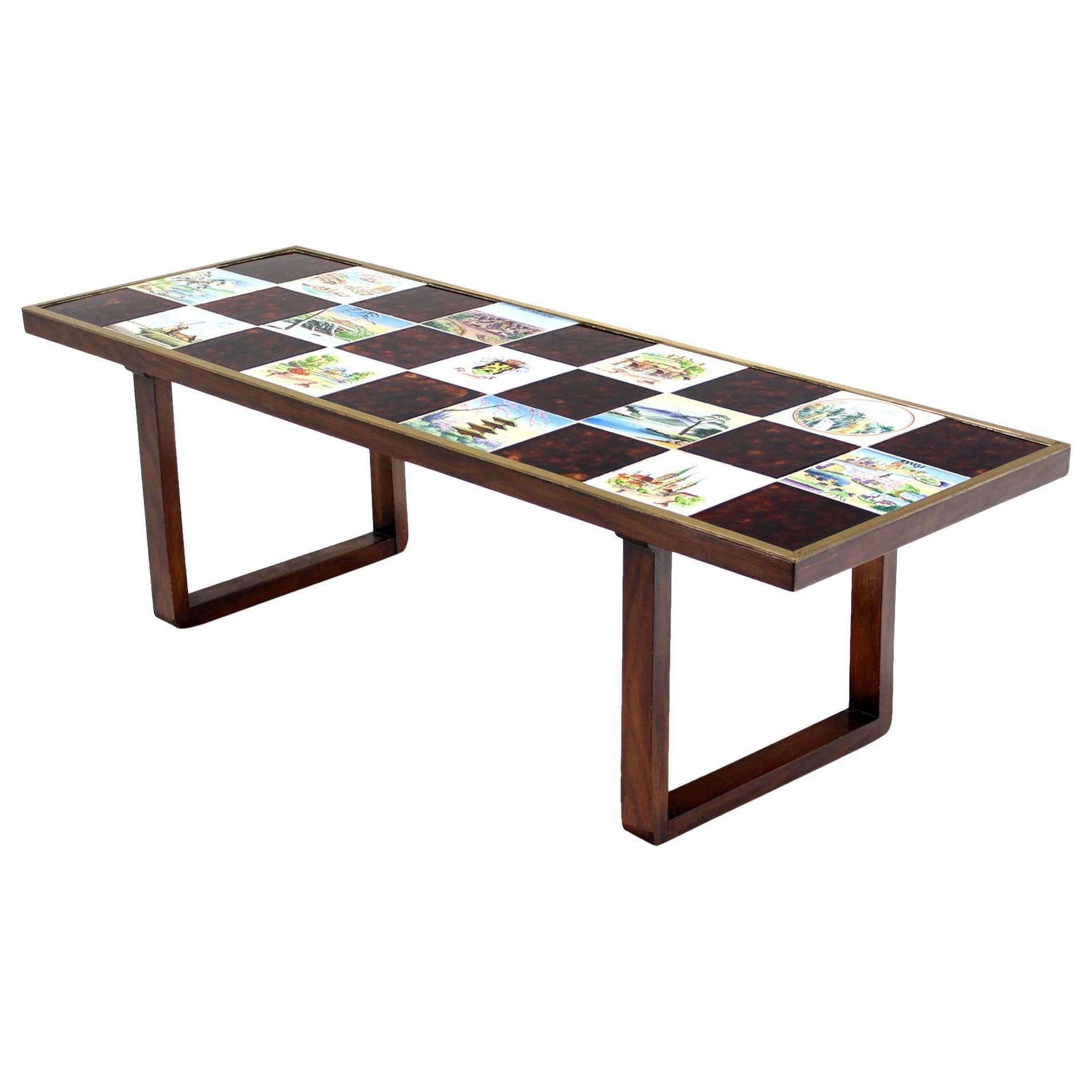 Mid Century Modern Checker Style Tile Top Coffee Table in Brass Frame