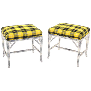 Pair of Faux Bamboo White Wash Finish Yellow Black Plaid Upholstery Benches