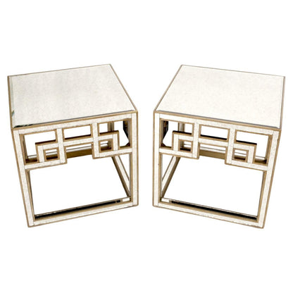 Pair of Greek Motive Square Bevelled Mirrors Mirrored End Tables Nightstands