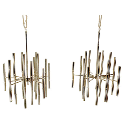 Pair of Large Faux Bamboo Chrome Pewter Chandeliers Light Fixtures