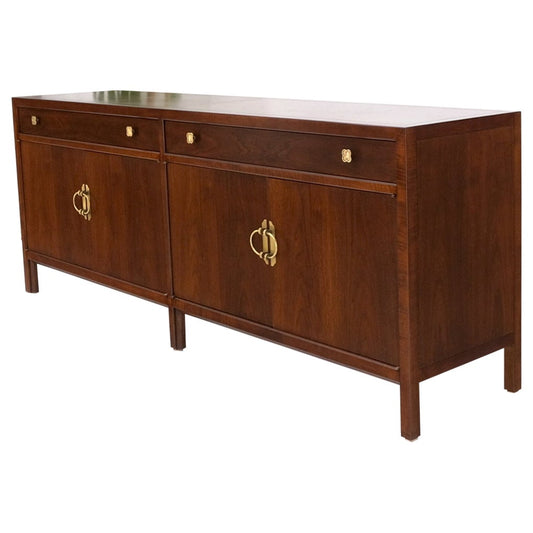 Long Walnut Mid-Century Modern Dresser Credenza w/ Brass Buckle Shape Pulls