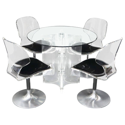 Tulip Chrome Base Lucite Seats Set of 4 Chairs Dining Table with Glass Round Top