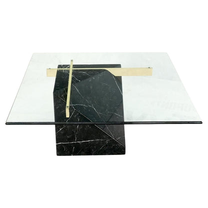 Black Cube Shape Marble Base Brass Stretchers Square Glass Top Coffee Table