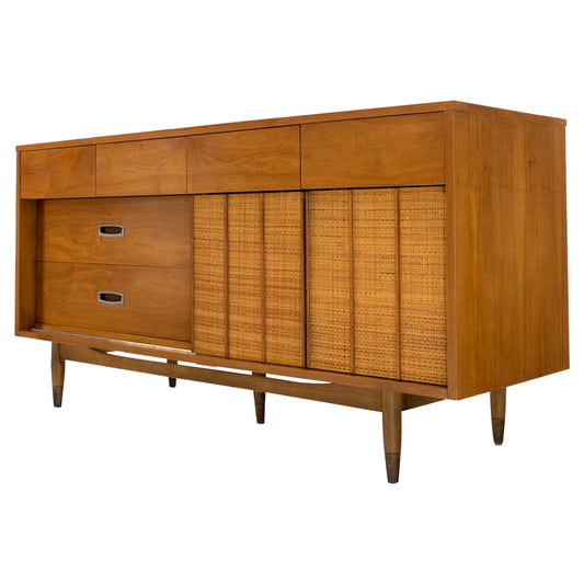 Light American Walnut Multi Drawer Sliding Cane Doors Dowel Leg Long Credenza