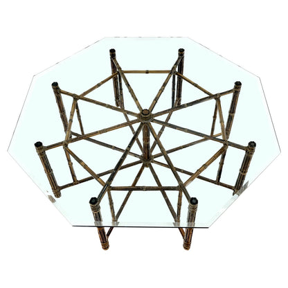 Very Large Octagonal Glass Top Leather Strapped Bamboo McGuire Dining Table