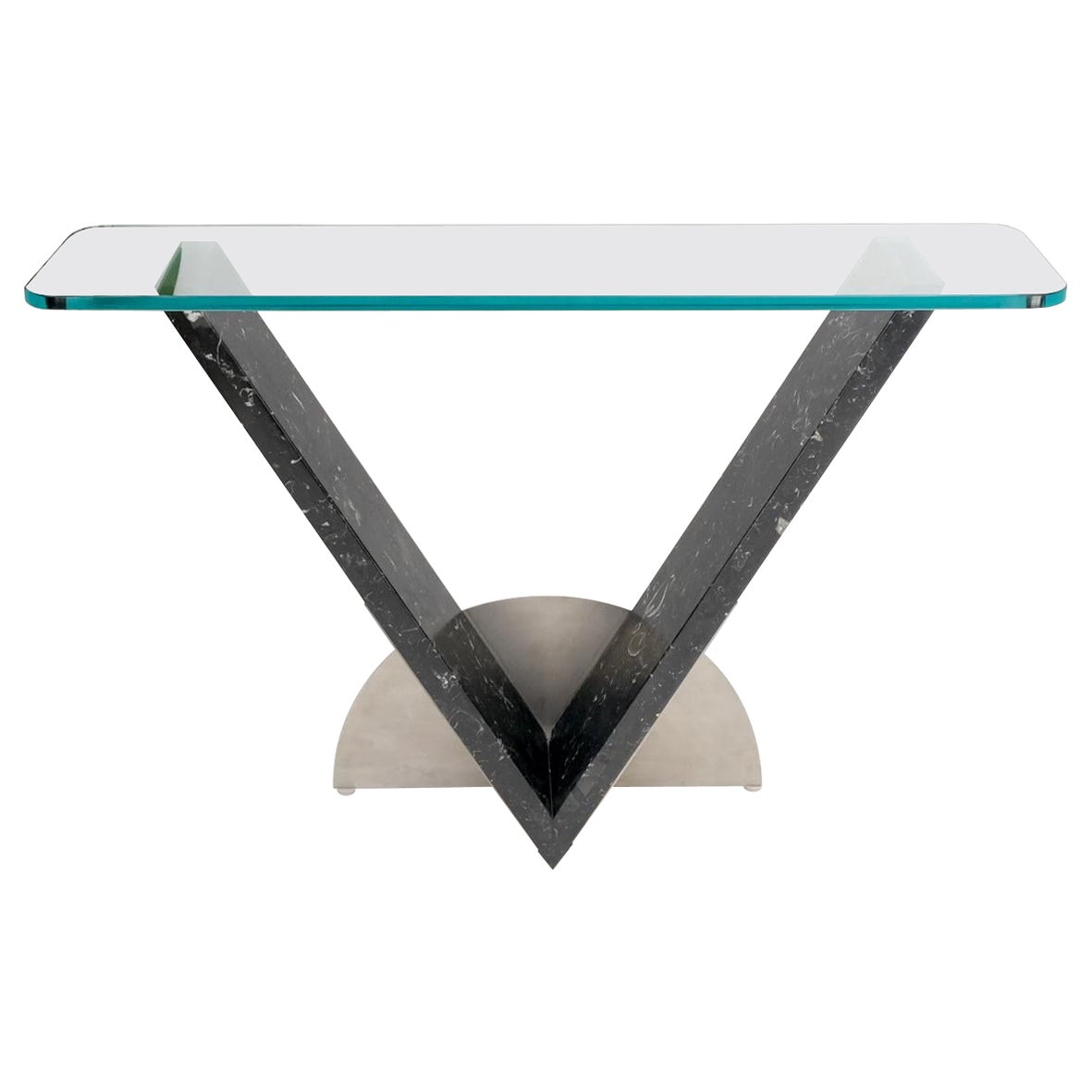 "V" Shape Marble Base Thick Glass Top Modern Custom Design Console Table