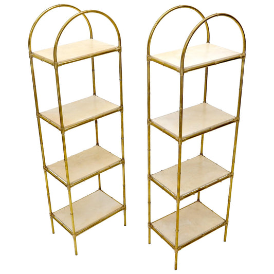 Pair Solid Brass Faux Bamboo Arch Shape Top Goat Skin Parchment Shelves Etageres