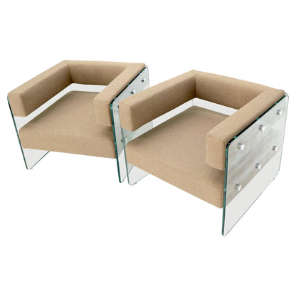 Pair of Glass Panels Frames Cube Shape Lounge Chairs