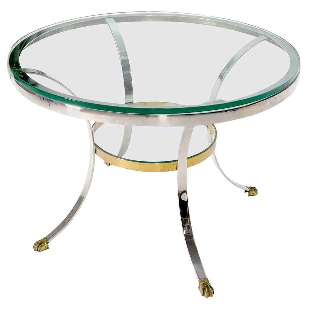 Brass Claw Feet Crome and Brass Glass Round Top Gueridon Center Cafe Game Table