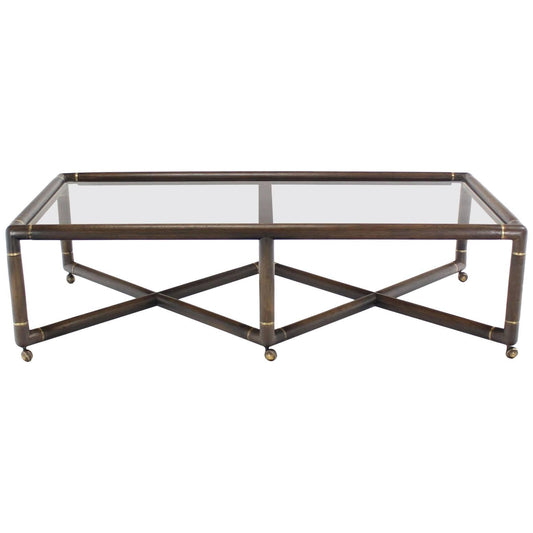 Double X Base Glass Top Rectangular Coffee Table on Wheels