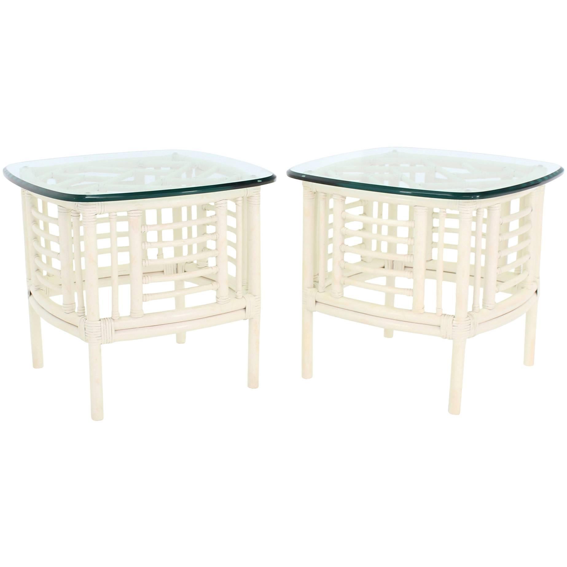 Pair of White Rattan Glass Top Mid-Century Modern Side Tables