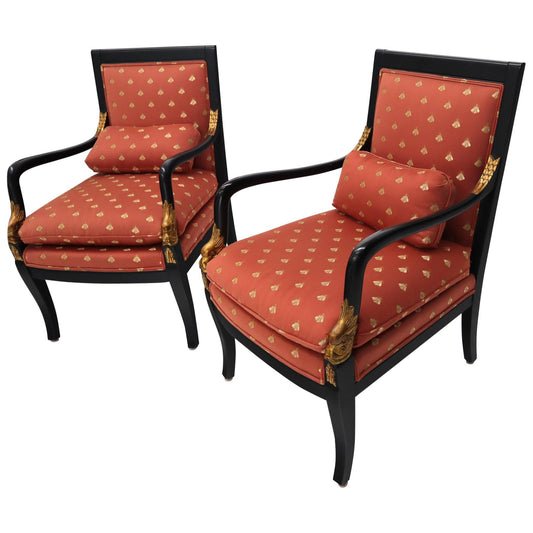 Pair of Ebonized Gold Decorated Carving Frames Neoclassical Armchairs