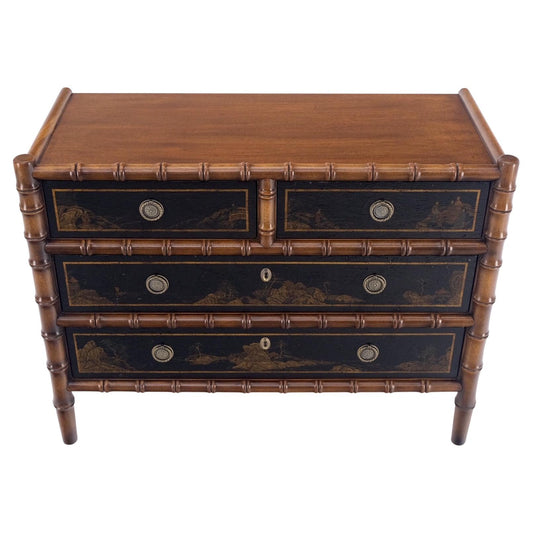 Asian Motive Scene Drawer Decorated Faux Bamboo 4 Drawers Dresser Bachelor Chest