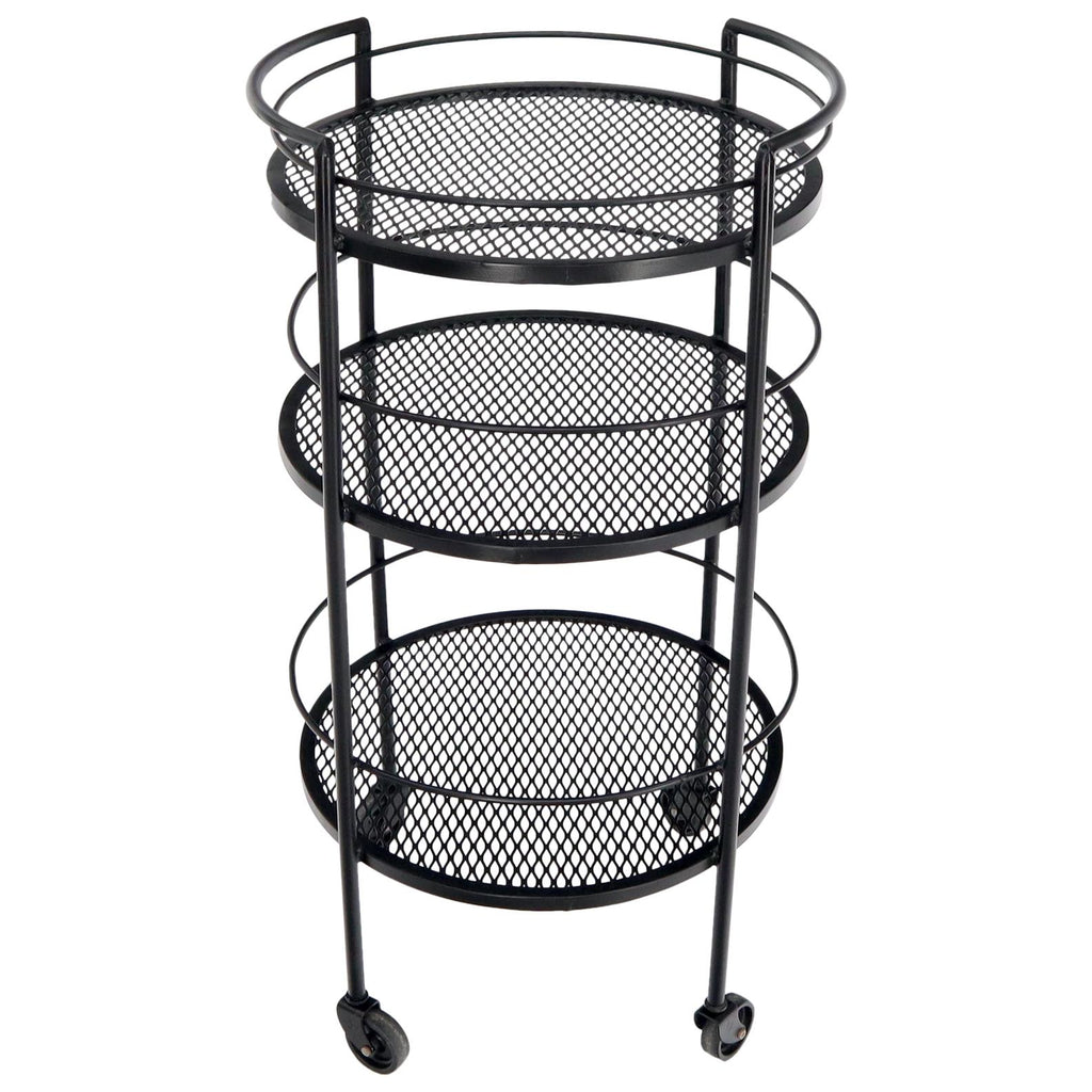 Round Three Tier Perforated and Wrought Iron Metal Serving Cart Tray