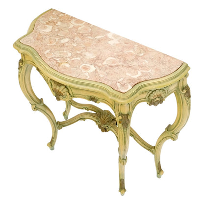 Carved French Regency Paint Decorated Console Table w/ Rouge Pink Marble Top