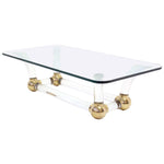 Heavy Thick Lucite and Brass Base Thick Glass Top Coffee Table