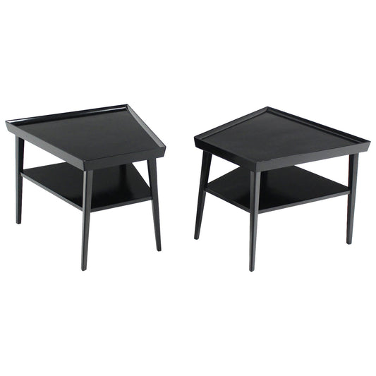 Pair of Black Lacquer Trapezoid Shape Two Tier End Side Tables Stands