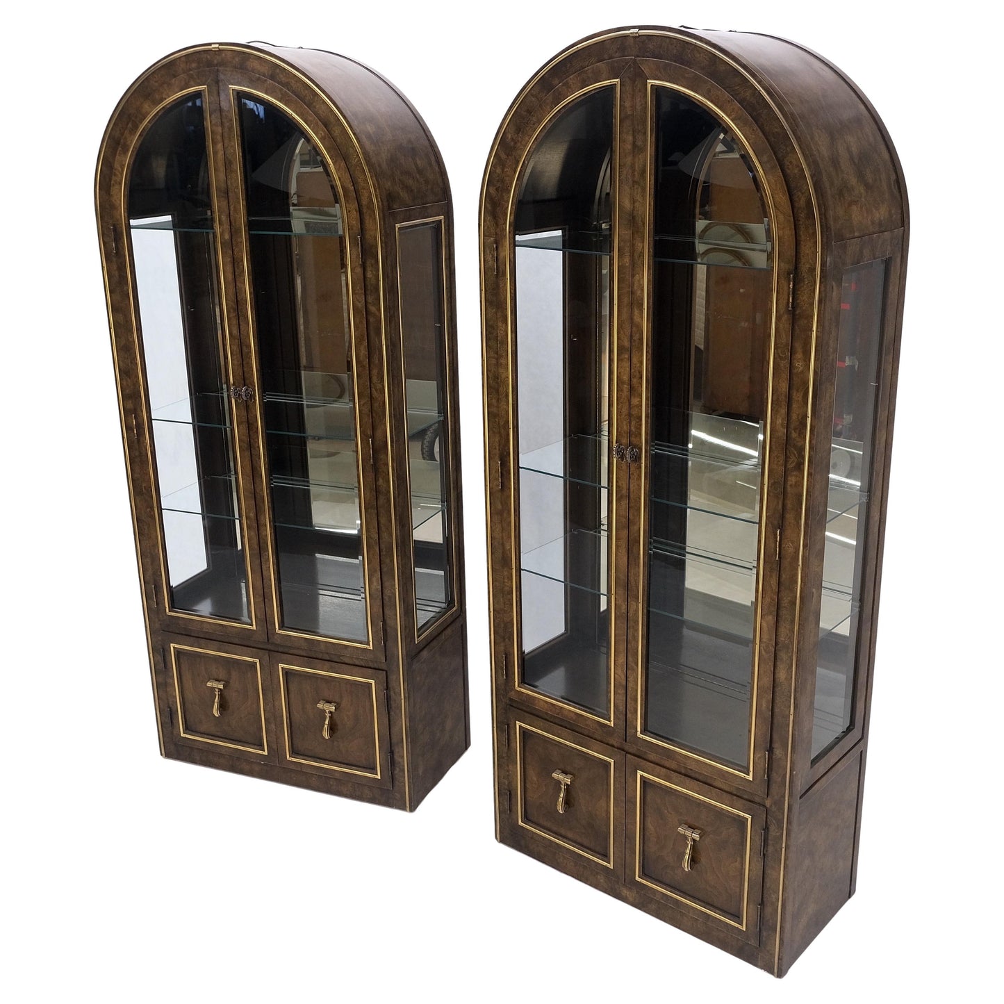 Pair Mastercraft Dome Shape Burl Wood Curio Display Cabinets w Shelves Lights