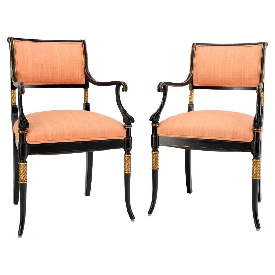 Pair Regency Ebonized Gilt Craved Fireside Dining Arm Chairs Horn Shape Leg