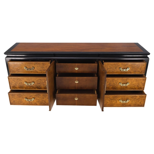 Burl Wood Black Ebonized Border 9 Drawers Long Dresser Credenza Brass Pulls Mint