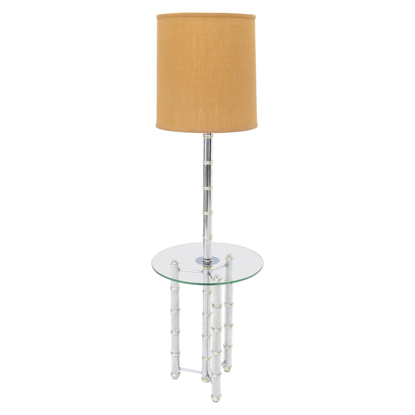 Chrome and Brass Faux Bamboo Tripod Glass Side Table Floor Lamp